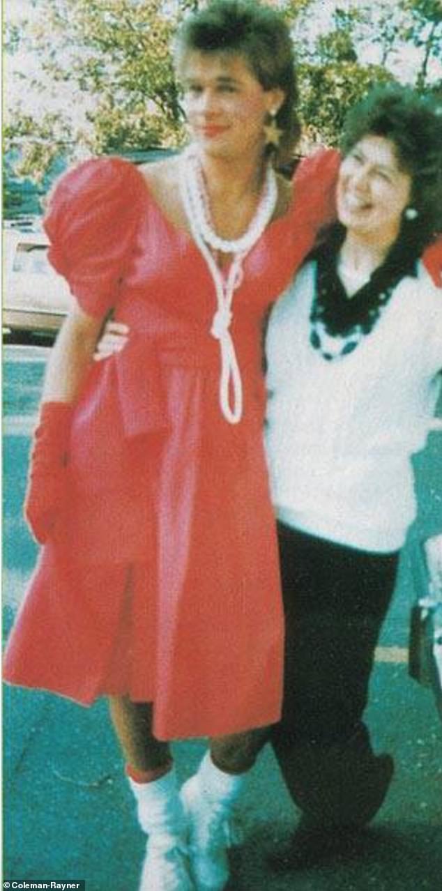 A young Pitt warmly embraced his mother Jane, who was a steadfast supporter of his acting dreams, as he prepared to take the stage in a red dress, matching gloves and gold star earrings for a play while a student at the University of Missouri in the 1980s