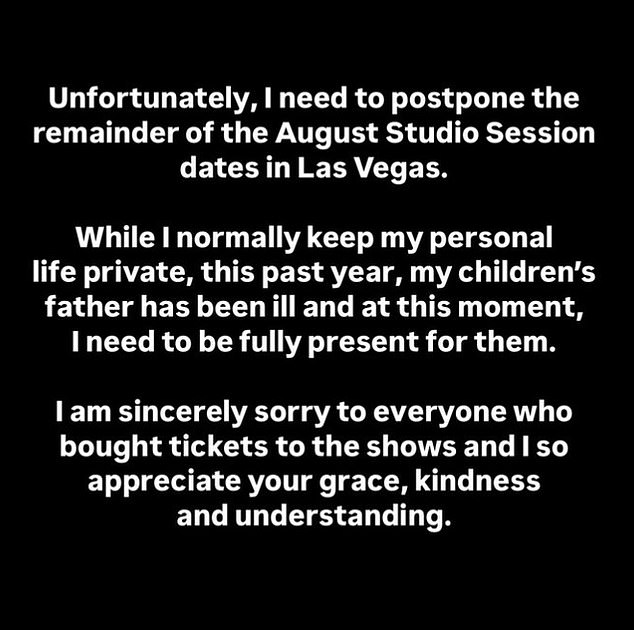Clarkson wrote that Blackstock 'has been ill' over the past year, so she was forced to postpone the rest of her August residency dates to care for her children