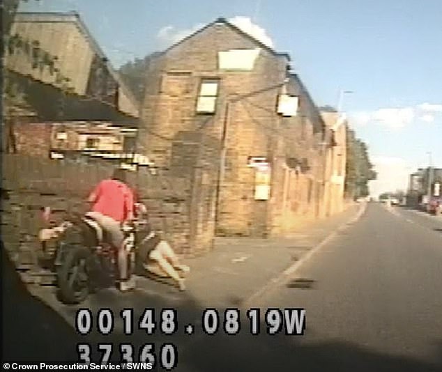 Horrifying footage shows a speeding biker ploughing into a trainee teacher as she steps off the bus onto the pavement