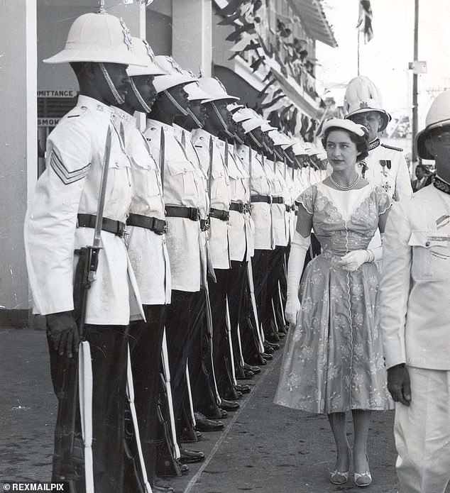 Princess Margaret inspects a Guard of Honour in Grenada during a royal visit in February 1955