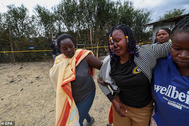 Relatives of victims of a crashed Cessna Citation 560 ambulance aircraft react at the crash site in the Mwihoko area of Githurai 45, Nairobi, Kenya, 7 August 2025