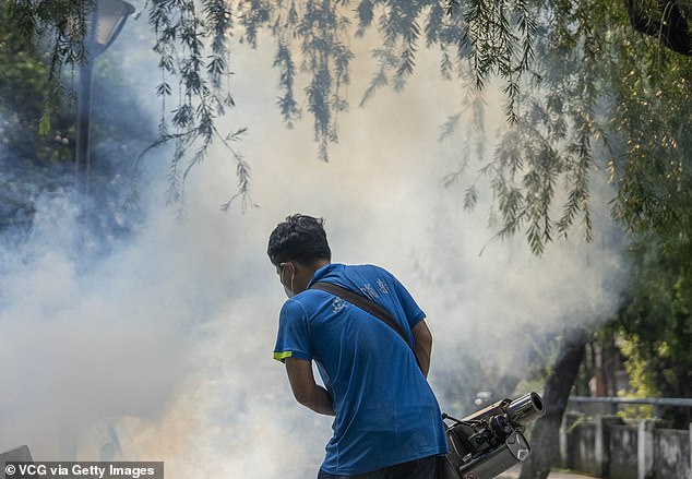 Images show Chinese state workers spraying clouds of disinfectant around city streets to prevent the spread of chikungunya virus