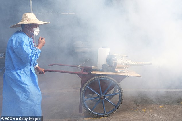 A worker sprays insecticide at a residential community in Foshan, the epicenter of the outbreak, located in the Guangdong Province of China