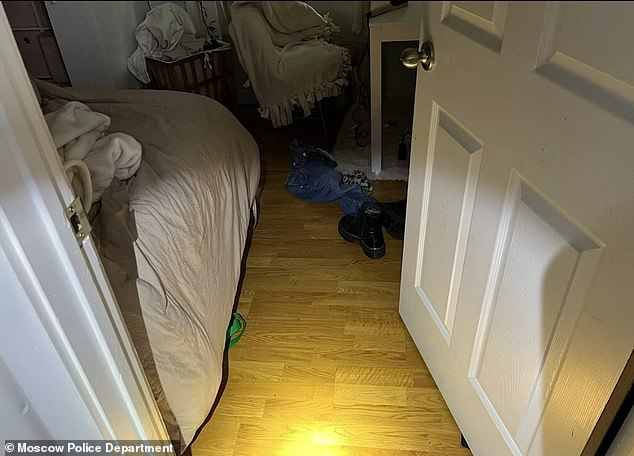 Another image, captured from a doorway, shows a typical student room with shoes and clothes strewn around on the wooden floor