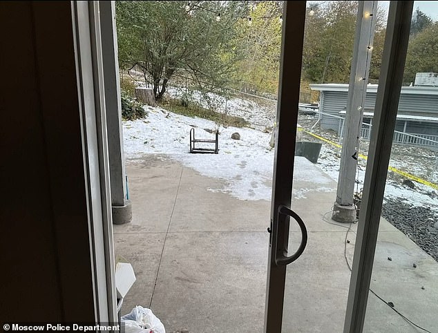 The sliding door to the kitchen on the second floor of the home is seen ajar - the way Kohberger left it after he both entered and exited the house through the back entrance