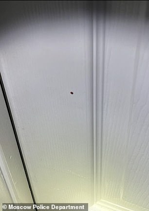 Blood spatters are visible on the white painted doors inside 1122 King Road in Moscow, Idaho