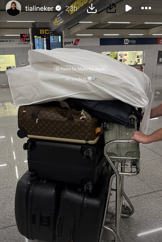 The mother of one posted a picture of an airport trolley holding several cases including a Louis Vuitton bag, as well as her wedding dress