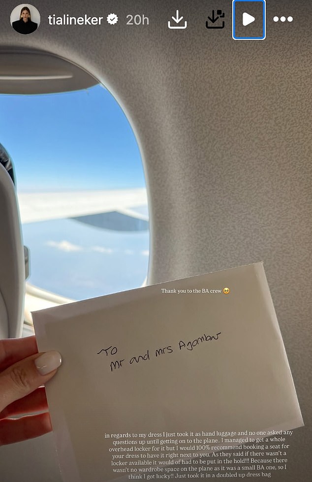 Tia explained that she took her dress as a carry on item and was able to store it in the overhead locker on the plane - which she revealed was a risky move