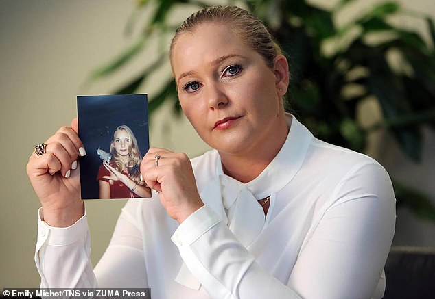 Virginia Roberts Giuffre, with a photo of herself as a teen, when she says she was abused by Jeffrey Epstein, Ghislaine Maxwell and Prince Andrew, among others. She died by suicide earlier this year
