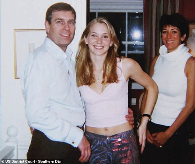 An undated handout photo taken at an undisclosed location and released on August 9, 2021 by the United States District Couty for the Southern District of New York shows (L-R) Prince Andrew, Virginia Giuffre, and Ghislaine Maxwell posing for a photo