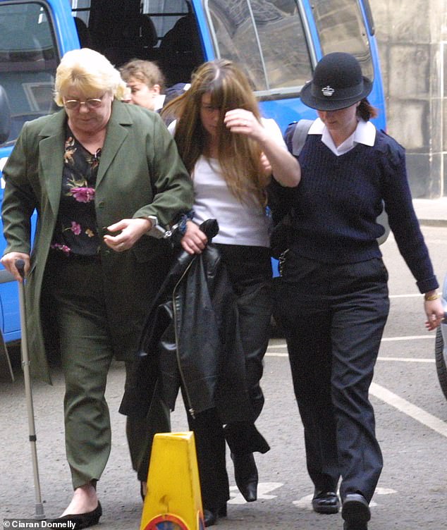 The gangster is pictured (left) handcuffed to her daughter Diane (pictured, centre) while attending court
