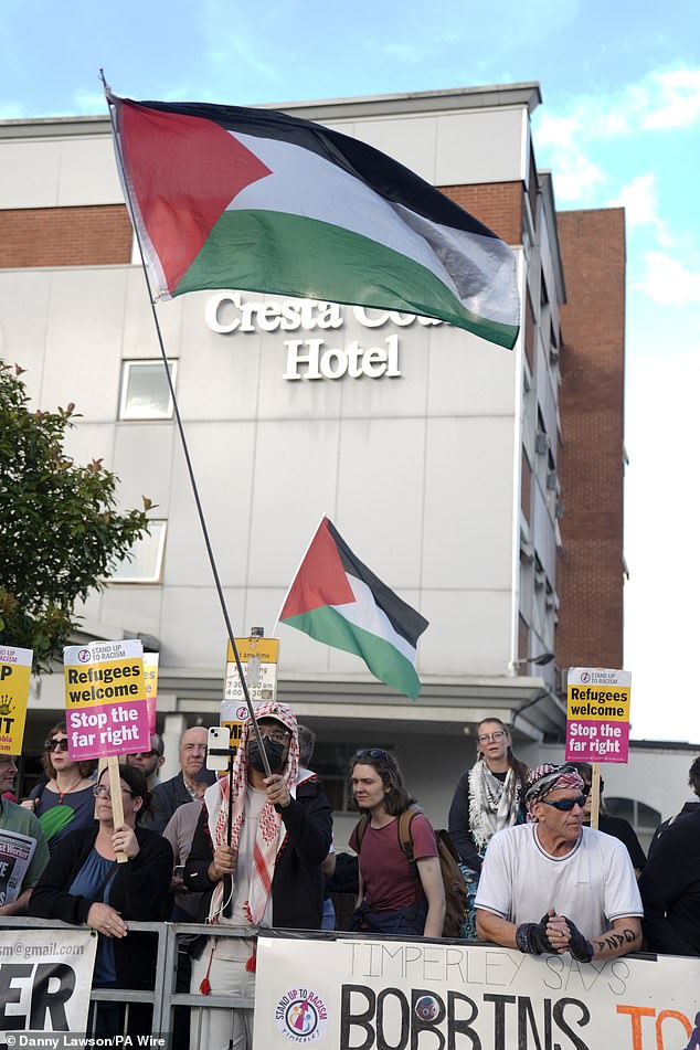 They took part in the 'Defend Refugees, Stand Up To Facism' rally, organised by Stand Up to Racism, near the hotel in Altrincham, Cheshire