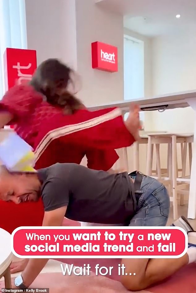 Before she lost her balance and crashed backwards onto Jason's head and onto the floor