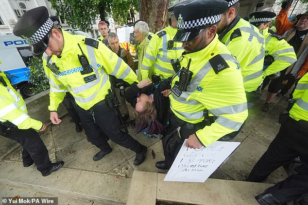 Police expect custody cells to be at full capacity across the capital and officers may process some of those arrested in police vans. Pictured: Officers remove a person from a protest in central London last month