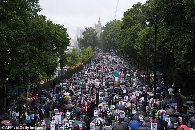 Around 200 have been arrested at protests in support of Palestine Action since the ban came in, with three people charged so far with showing support for the group. Pictured: Supporters march in central London on July 19