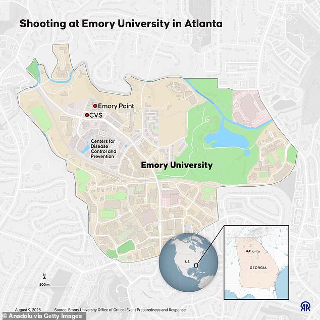 Pictured: A map of the key areas in the shooting at Emory College and the CDC on Thursday