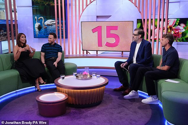 Towards the end of the show, co-hosts Roman Kemp, 32, and Richard Osman, 54, shocked Alex by welcoming her husband of 10 years onto the famous green sofa (L-R Alex, Olly Murs, Richard, and Roman)