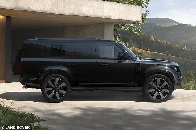 The Hyundai Santa Fe's boxy silhouette, squared-off wheel arches, rectangular windows and slab-back tailgate are very similar to the Defender (pictured, Land Rover Defender 130)