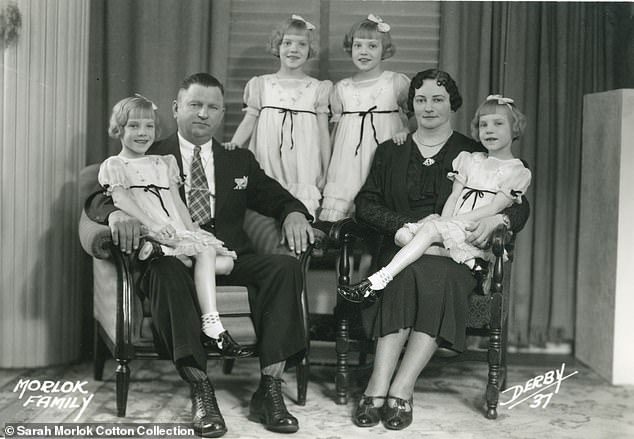 Pictured: Carl and Sadie Morlok with their quadruplet daughters in 1937. Many of the family¿s darkest secrets have now been taken to the grave after the last-surviving sister, Sarah, died at the age of 95 last month
