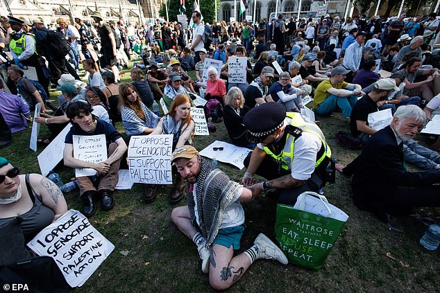 The protest began at 1pm when hundreds of activists sat down and silently held the illegal placards