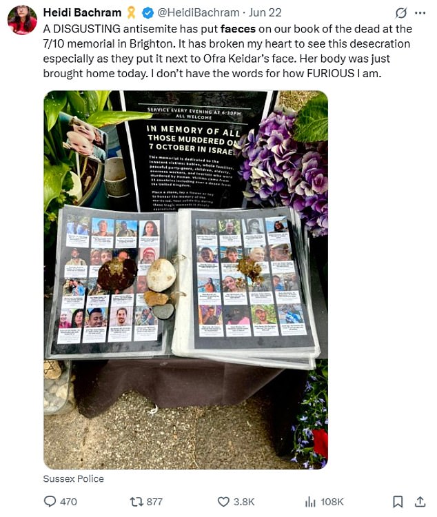 She was contacted by police after she shared this image of a hostage memorial in Brighton that had been smeared with faeces - and a far-Right troll made a racist comment