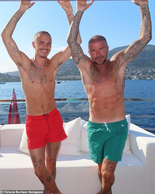 Romeo looked just like his dad as he posed for a shirtless snap with the former footballer, showing off his tattoos