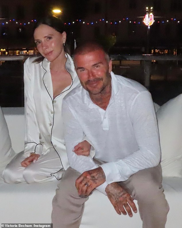 The clan also enjoyed the warm French summer nights, with Victoria pictured in her white silk pyjamas beside David who boasted a sun-kissed complexion