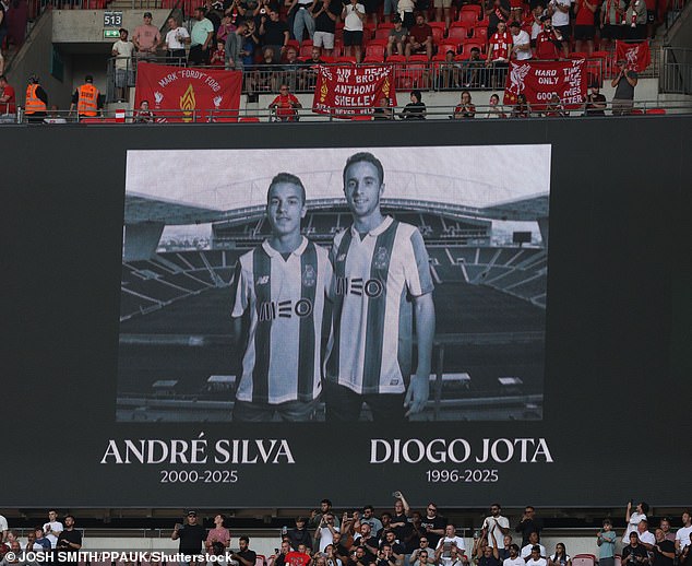 A black and white image of Jota and Silva was shown on Wembley's screens before kick-off