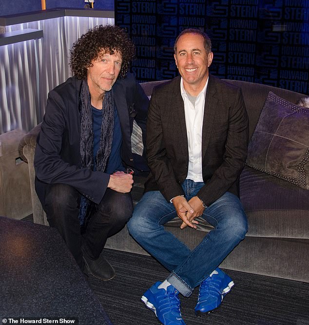 Stern's shift from having the most fearsome reputation in American entertainment to being what Kanye West described as an 'irrelevant old man' has been dramatic and he has faced backlash after admitting he was 'woke' in a dramatic 2023 interview - pictured with Seinfeld in 2013
