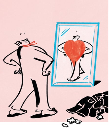 Illustration of a man admiring himself in the mirror with a big heart covering his body and a pile of black clothes nearby