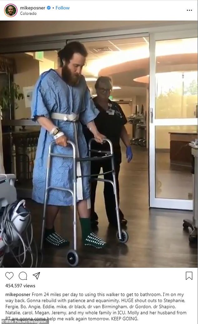 Mike had to soldier through part of his trek with a walker after a baby rattlesnake bit him in Colorado this August, landing him briefly in the ICU