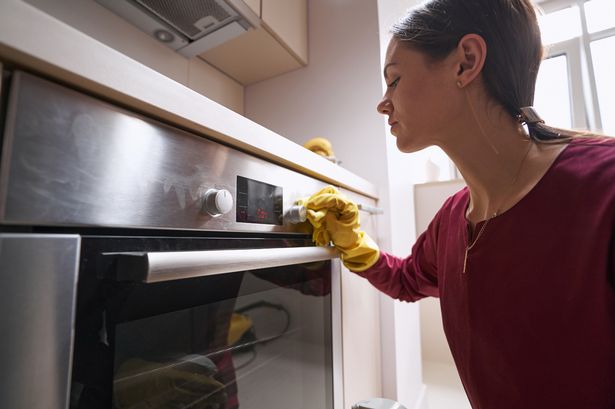 Focused cleaner in rubber glove wiping electric oven control knob with microfiber cloth