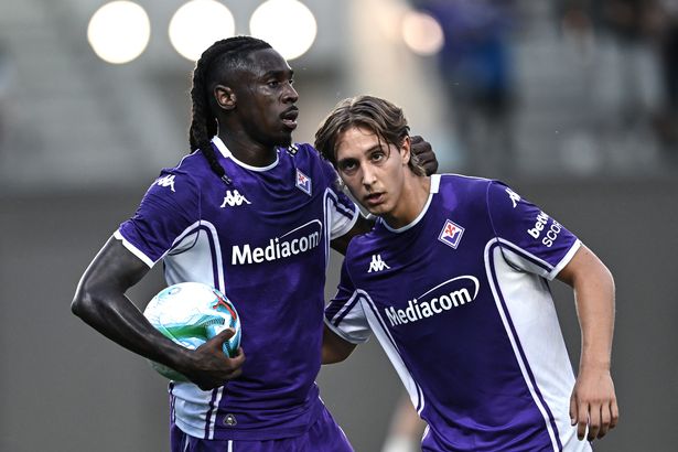 Moise Kean celebrates a goal for Fiorentina