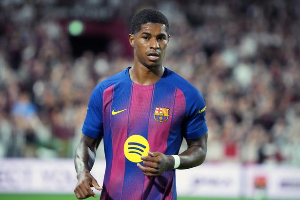Marcus Rashford #14 of Barcelona looks on during the preseason friendly between Vissel Kobe and FC Barcelona at Noevir Stadium Kobe