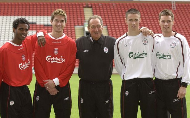 Gerard Houllier welcomes new signings Florent Sinama-Pongolle, Anthony Le Tallec, Harry Kewell and Steve Finnan in 2003