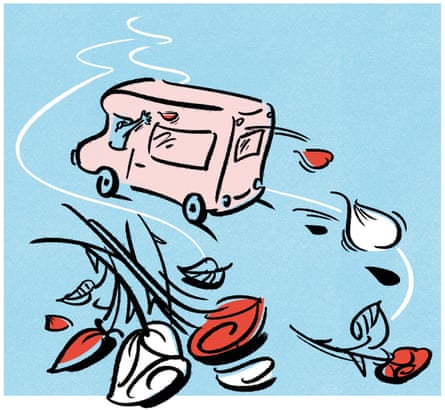 Illustration of a woman driving a camper van throwing roses out of the window