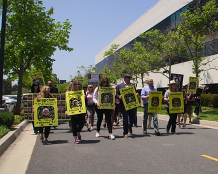 Showdown … parents demonstrate outside the headquarters of Snap Inc, the maker of Snapchat.