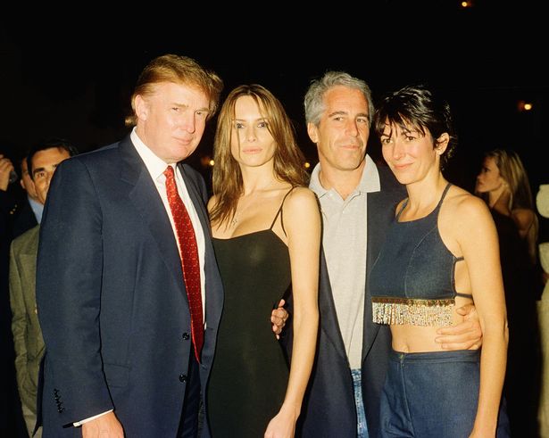 Trump and his girlfriend (and future wife), former model Melania Knauss, financier (and future convicted sex offender) Jeffrey Epstein, and British socialite Ghislaine Maxwell pose together at the Mar-a-Lago club, Palm Beach, Florida, February 12, 2000.