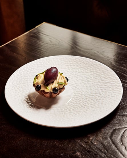 ‘Now we’re talking’: the Greyhound’s blackcurrant tart topped with blackcurrant sorbet.