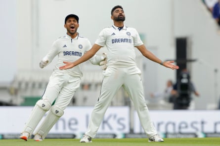 Mohammed Siraj celebrates after he bowls Gus Atkinson for the final wicket to give India victory at the Oval.