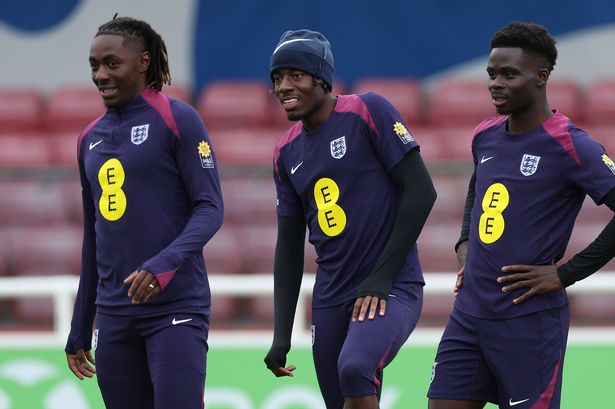 Eberechi Eze, Noni Madueke and Bukayo Saka in England training