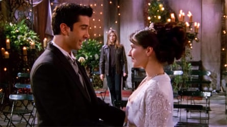 Helen Baxendale and David Schwimmer gaze into one another’s eyes as Jennifer Aniston stands in the background in Friends: The One With Ross’s Wedding.