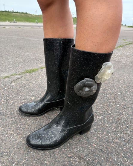 Decorated black rubber boots
