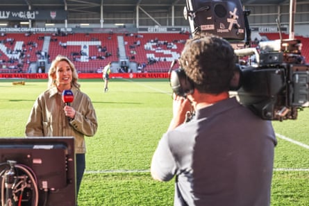 Jenna Brooks presenting Super League coverage on Sky Sports.