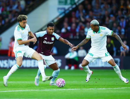 Ollie Watkins takes on Roma’s defence in pre-season.