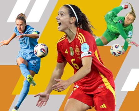 A composite image of Dutch star Vivianne Miedema (left), Spain’s Bonmatí (centre) and England goalie Hannah Hampton playing football, against a colourful graphic background