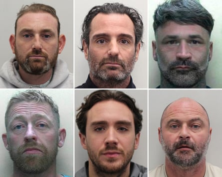 Mugshot composite of six men