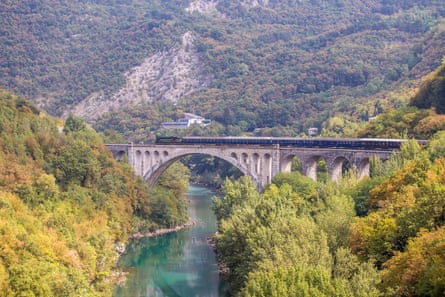 A train crosses the Salcano (Solkan) bridge, Slovenia