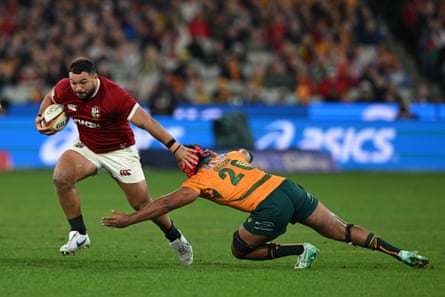 Ellis Genge fends off Australia’s Langi Gleeson during the second Test match in Melbourne.