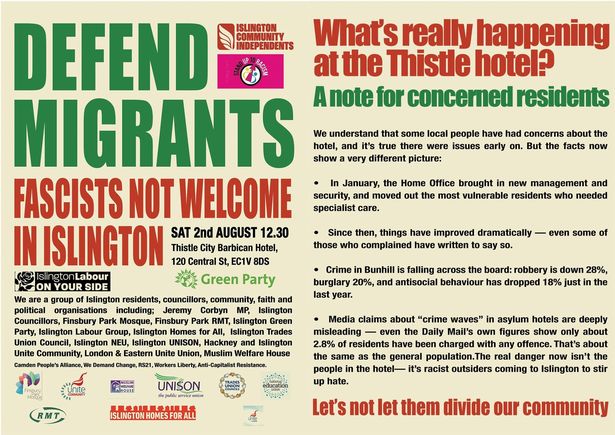 Flyer for today's counter demo at Thistle City Barbican, Saturday 2nd August 2025